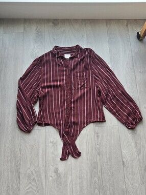 American Eagle Outfitters Burgundy Striped Tie-Front Button-Down Shirt
